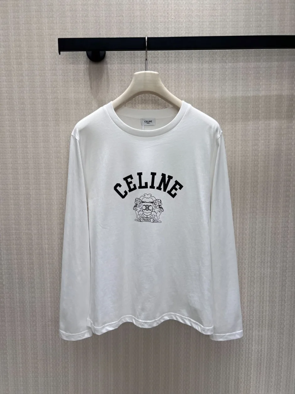 シンプル カジュアル ロゴプリント 長袖Tシャツ セリーヌ Tシャツ 偽物 ホワイト シンプル カジュアル ロゴプリント 長袖Tシャツ セリーヌ Tシャツ 偽物 ホワイト