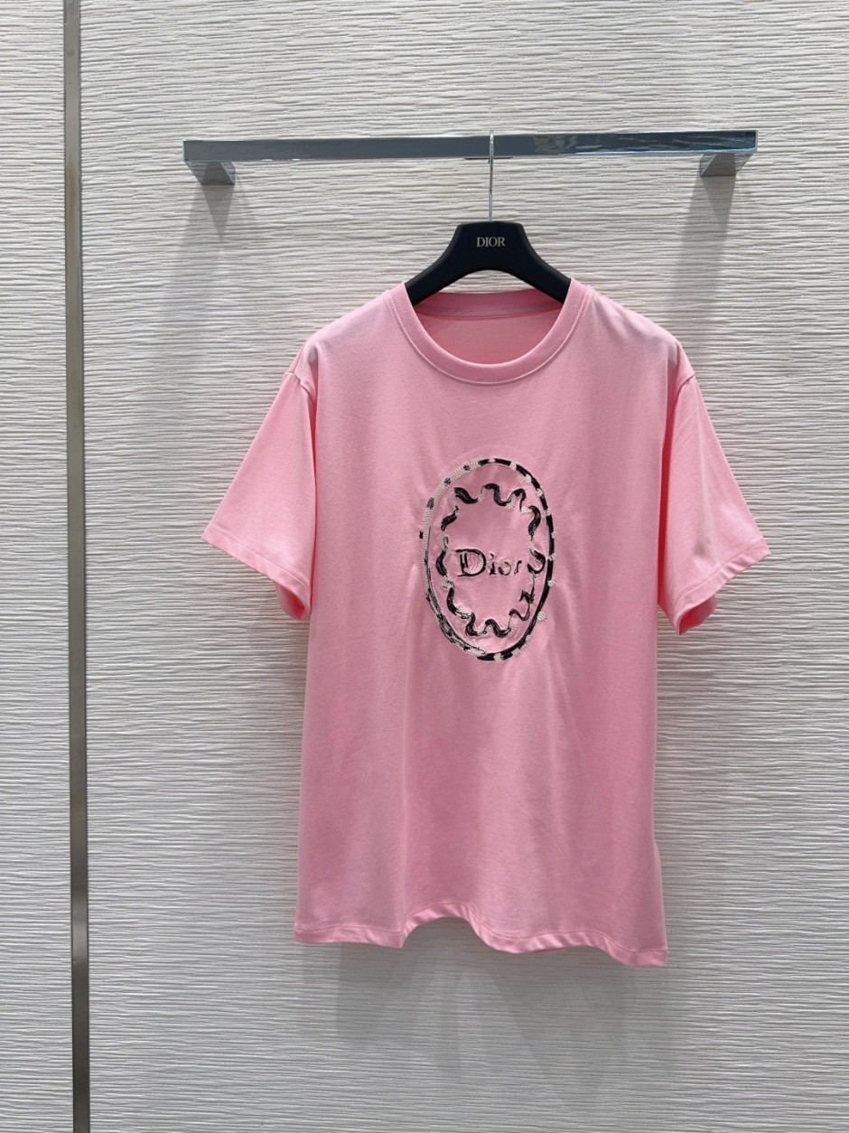 Dior Painted Ribbon コットン 半袖Tシャツ クリスチャン・ディオール Tシャツ コピー ピンク Dior Painted Ribbon コットン 半袖Tシャツ クリスチャン・ディオール Tシャツ コピー ピンク