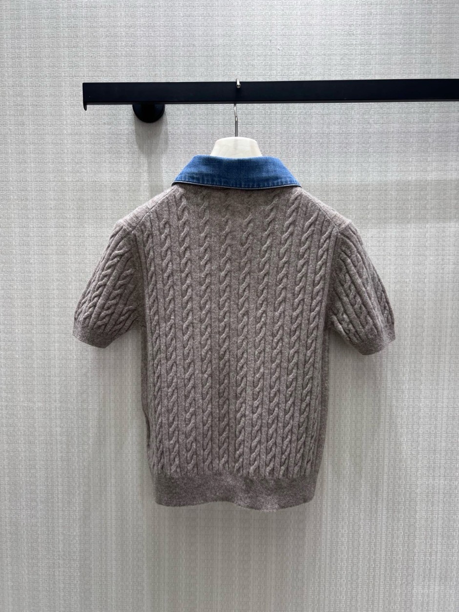 1784966861561897.jpg ミュウミュウ ニット 偽物 ウール&カシミヤ デニム襟付き ケーブルニット 半袖トップス