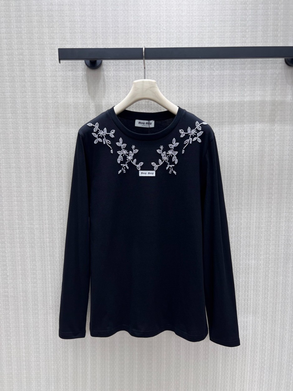 1784969138642844.jpg おしゃれ カジュアル コットン長袖Tシャツ ミュウミュウ Tシャツ 偽物 クルーネック ブラック