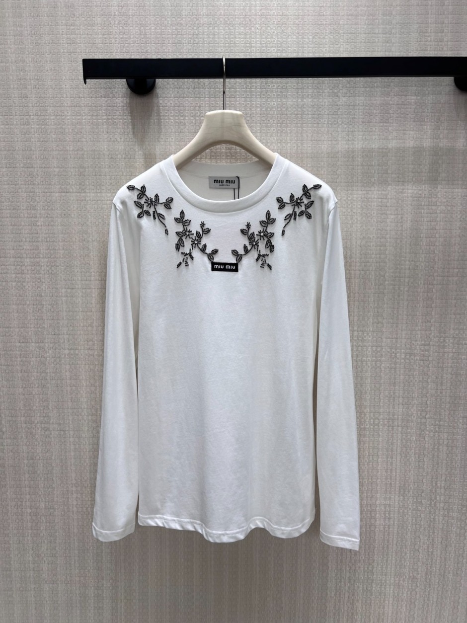 1784969344463656.jpg おしゃれ カジュアル コットン長袖Tシャツ ミュウミュウ Tシャツ 偽物 クルーネック ホワイト