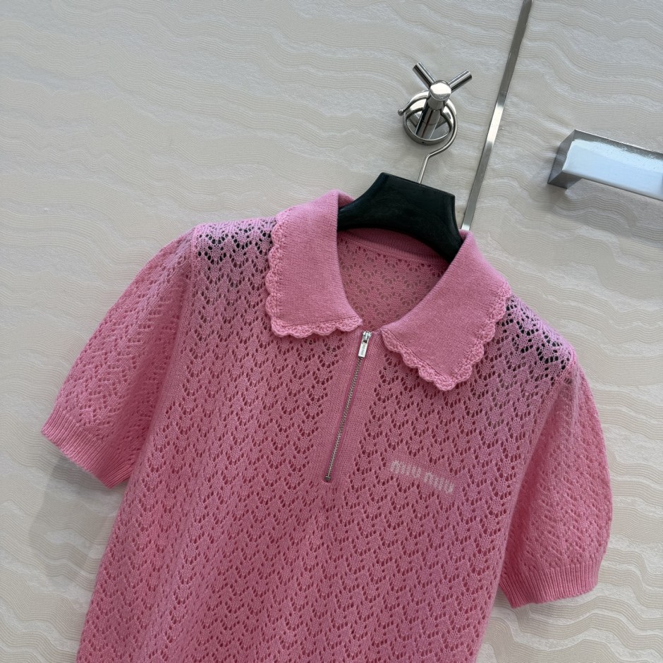 1784970012967304.jpg 透かし編み ハーフジップ 半袖ニットポロ ミュウミュウ ニット 偽物 カシミヤ&シルク