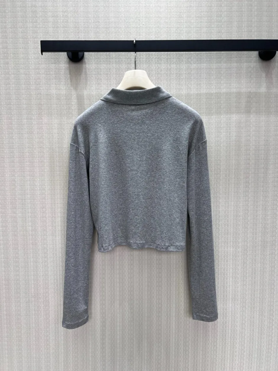 1785053947665226.jpg ショート丈 コットン 長袖ポロシャツ ミュウミュウ Tシャツ 偽物 グレー