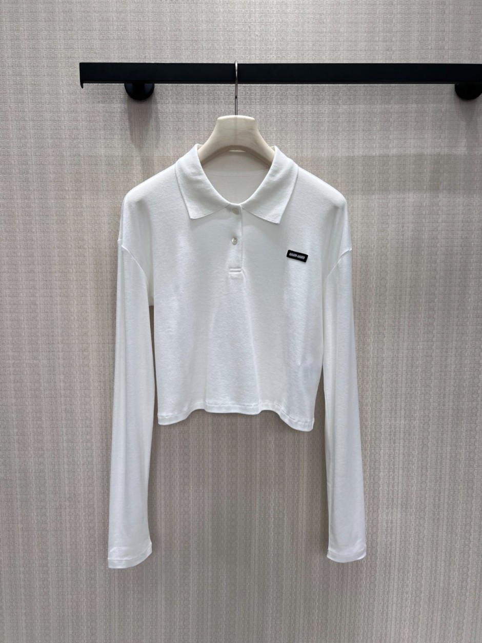 1785054078612299.jpg ショート丈 コットン 長袖ポロシャツ ミュウミュウ Tシャツ 偽物 ホワイト