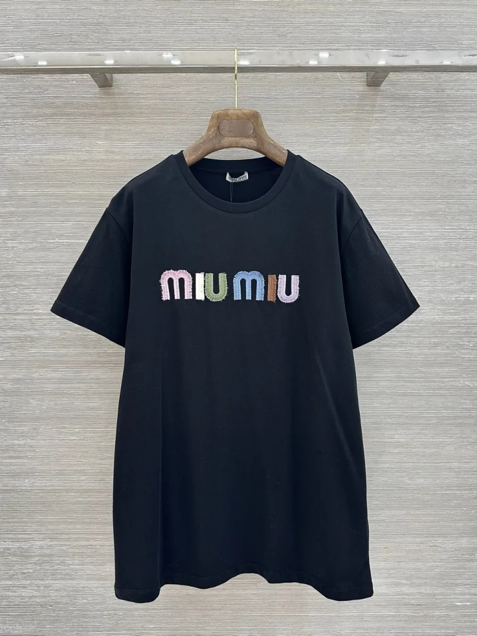 1785060000464472.jpg カジュアル コットン 半袖Tシャツ ミュウミュウ Tシャツ 偽物 クルーネック ブラック