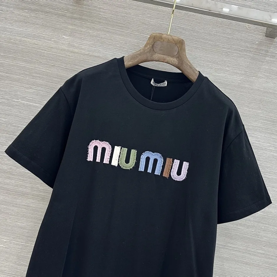 1785060000701575.jpg カジュアル コットン 半袖Tシャツ ミュウミュウ Tシャツ 偽物 クルーネック ブラック