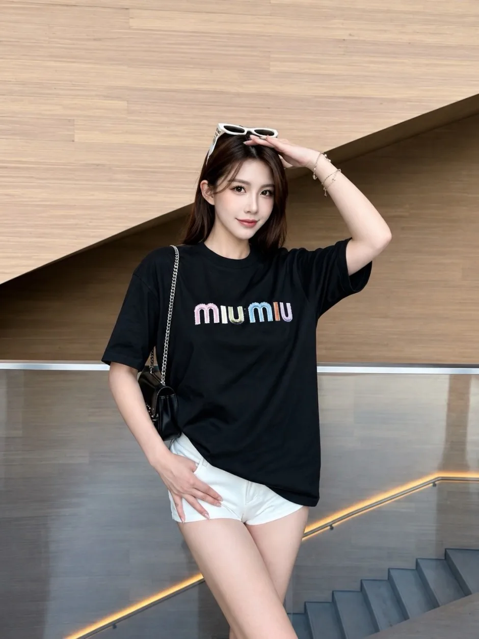 1785060002696871.jpg カジュアル コットン 半袖Tシャツ ミュウミュウ Tシャツ 偽物 クルーネック ブラック