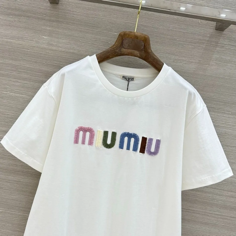 1785060103316176.jpg カジュアル コットン 半袖Tシャツ ミュウミュウ Tシャツ 偽物 クルーネック ホワイト