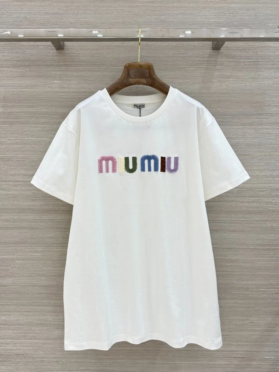 1785060103557008.jpg カジュアル コットン 半袖Tシャツ ミュウミュウ Tシャツ 偽物 クルーネック ホワイト