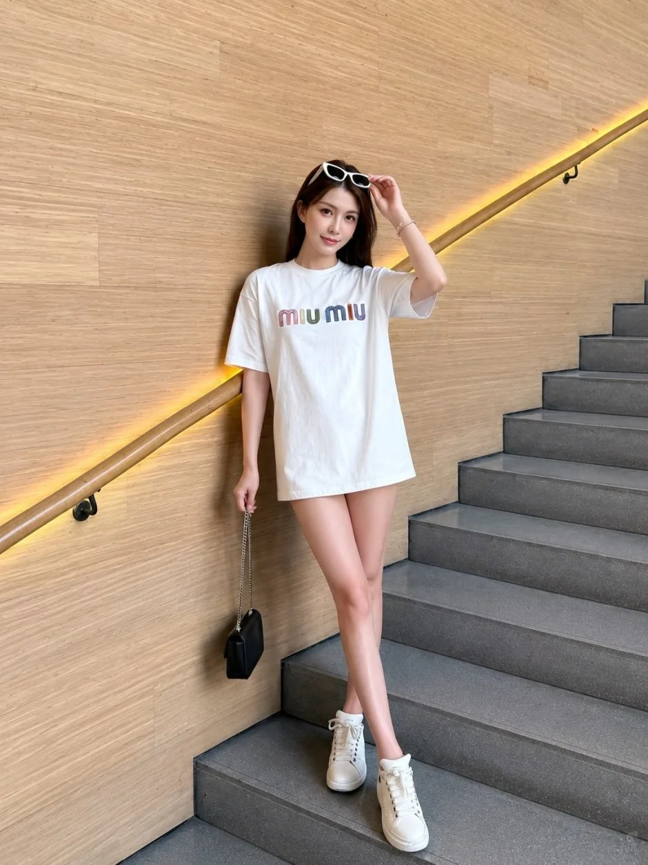 1785060104869723.jpg カジュアル コットン 半袖Tシャツ ミュウミュウ Tシャツ 偽物 クルーネック ホワイト