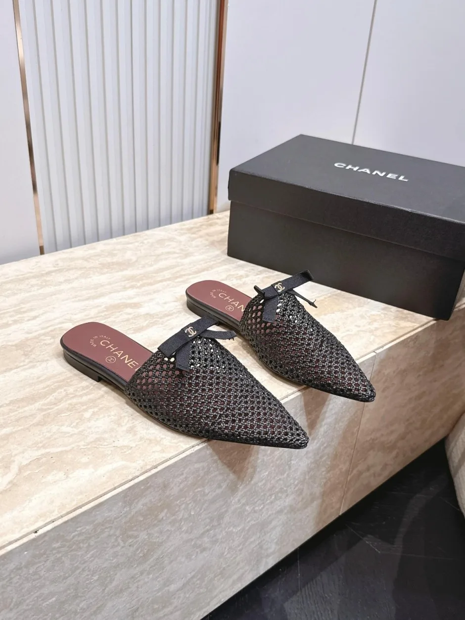 1785641593487635.jpg 爽やか メッシュ ポインテッドトゥ ミュール シャネル サンダル コピー ブラック