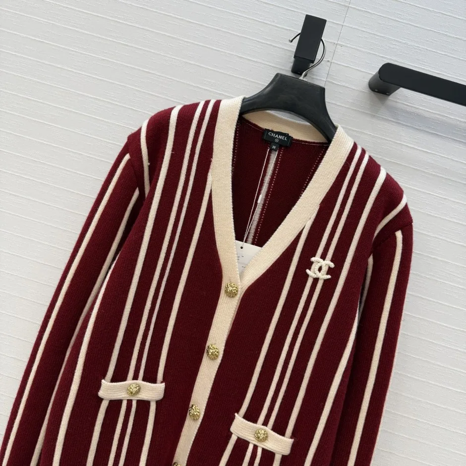 1785839737951320.jpg シャネル ニット コピー カシミア ウール ストライプ カーディガン レッド