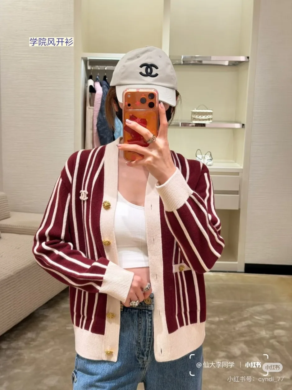 1785839744475510.jpg シャネル ニット コピー カシミア ウール ストライプ カーディガン レッド