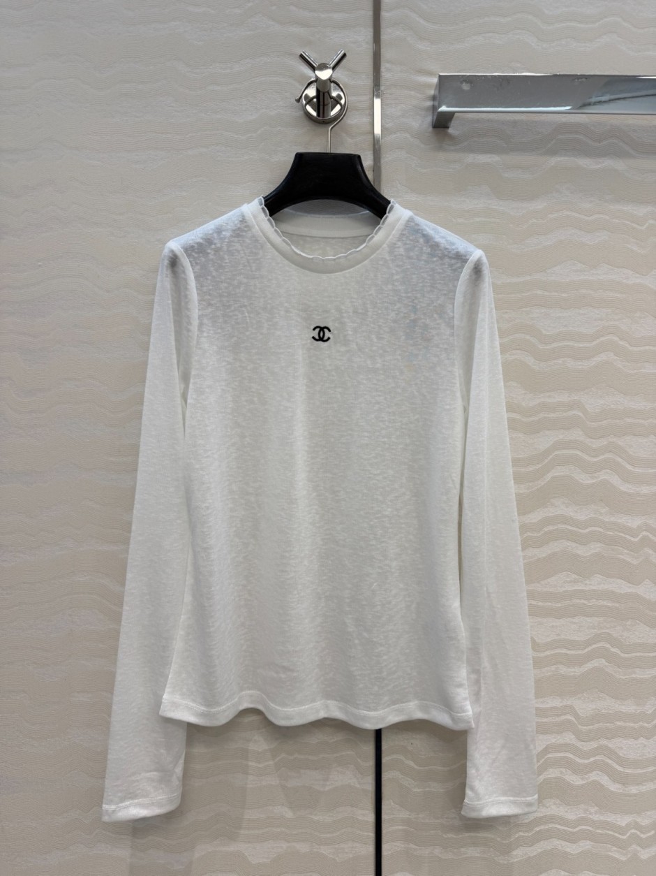 1785840211698252.jpg シンプル ロゴ刺繍 透け感 長袖Tシャツ シャネル ニット 偽物 合わせやすい ホワイト
