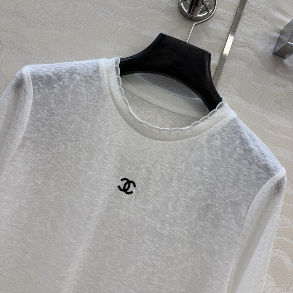 1785840212804927.jpg シンプル ロゴ刺繍 透け感 長袖Tシャツ シャネル ニット 偽物 合わせやすい ホワイト