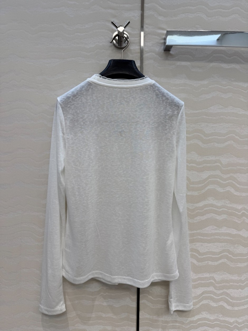 1785840213470556.jpg シンプル ロゴ刺繍 透け感 長袖Tシャツ シャネル ニット 偽物 合わせやすい ホワイト