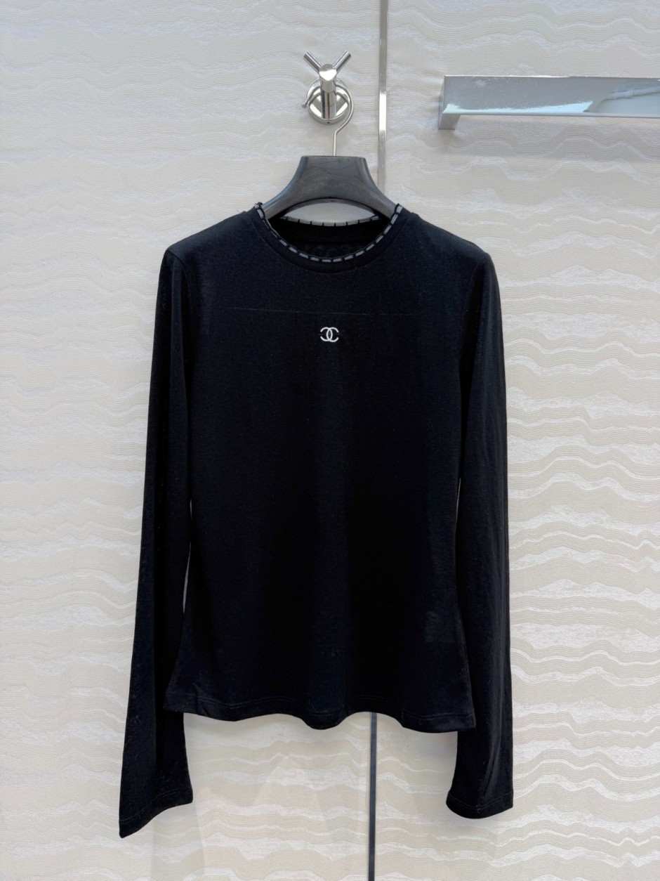 シンプル ロゴ刺繍 透け感 長袖Tシャツ シャネル Tシャツ 偽物 合わせやすい ブラック
