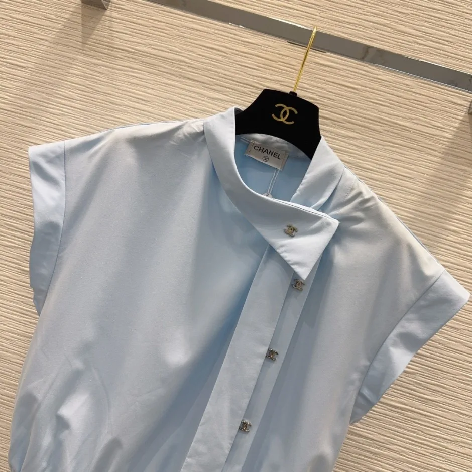 1785899625369524.jpg 洗練された エレガント シャネル シャツ 偽物 コットンノースリーブシャツ ライトブルー