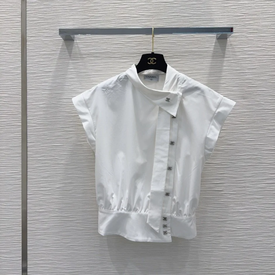 1785899755539828.jpg 洗練された エレガント シャネル シャツ 偽物 コットンノースリーブシャツ ホワイト