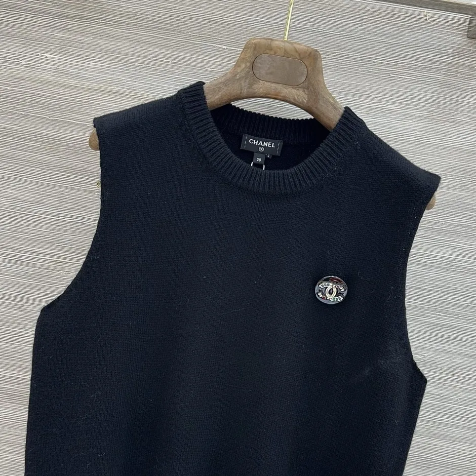 1785908216353566.jpg シンプル シャネル ニット 偽物 カシミヤ混 クルーネック ニットベスト ブラック