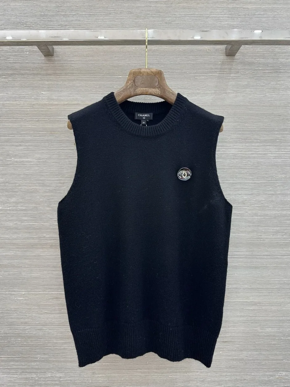 1785908216744327.jpg シンプル シャネル ニット 偽物 カシミヤ混 クルーネック ニットベスト ブラック