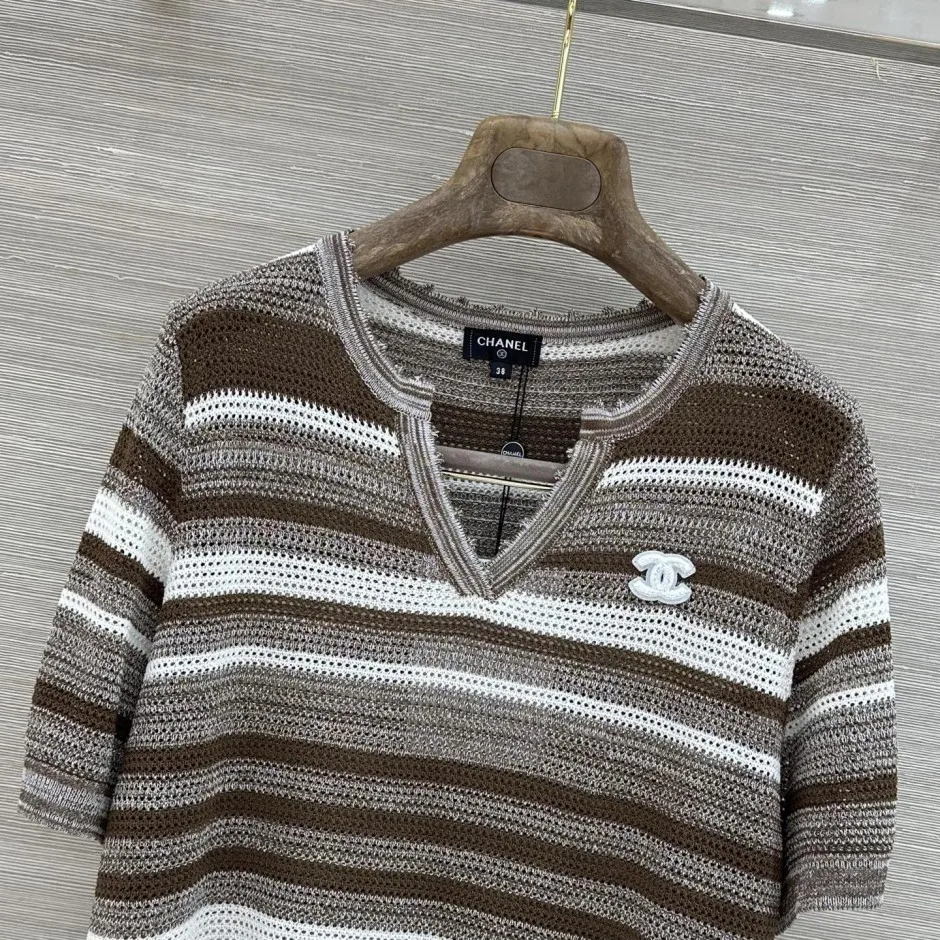 1785918470844807.jpg 爽やか ボーダー柄 半袖 サマーニット シャネル ニット 偽物 トップス
