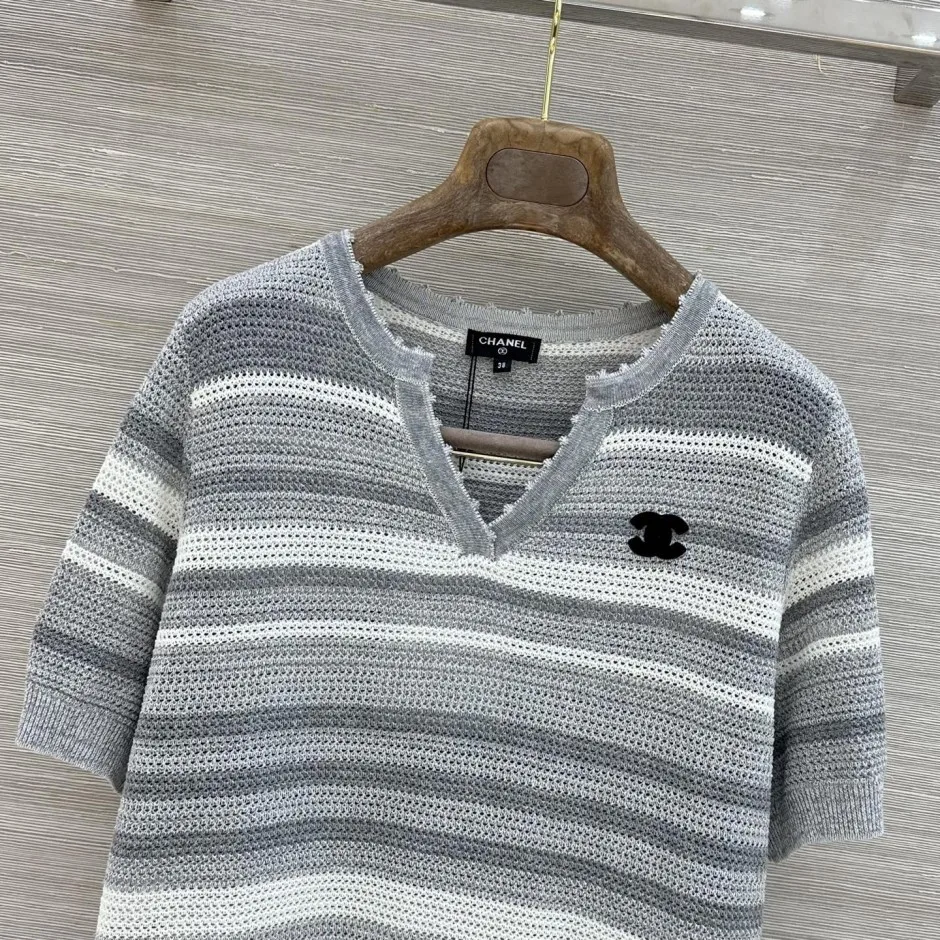1785918653412128.jpg シャネル ニット 偽物 爽やか ボーダー柄 半袖 サマーニット トップス