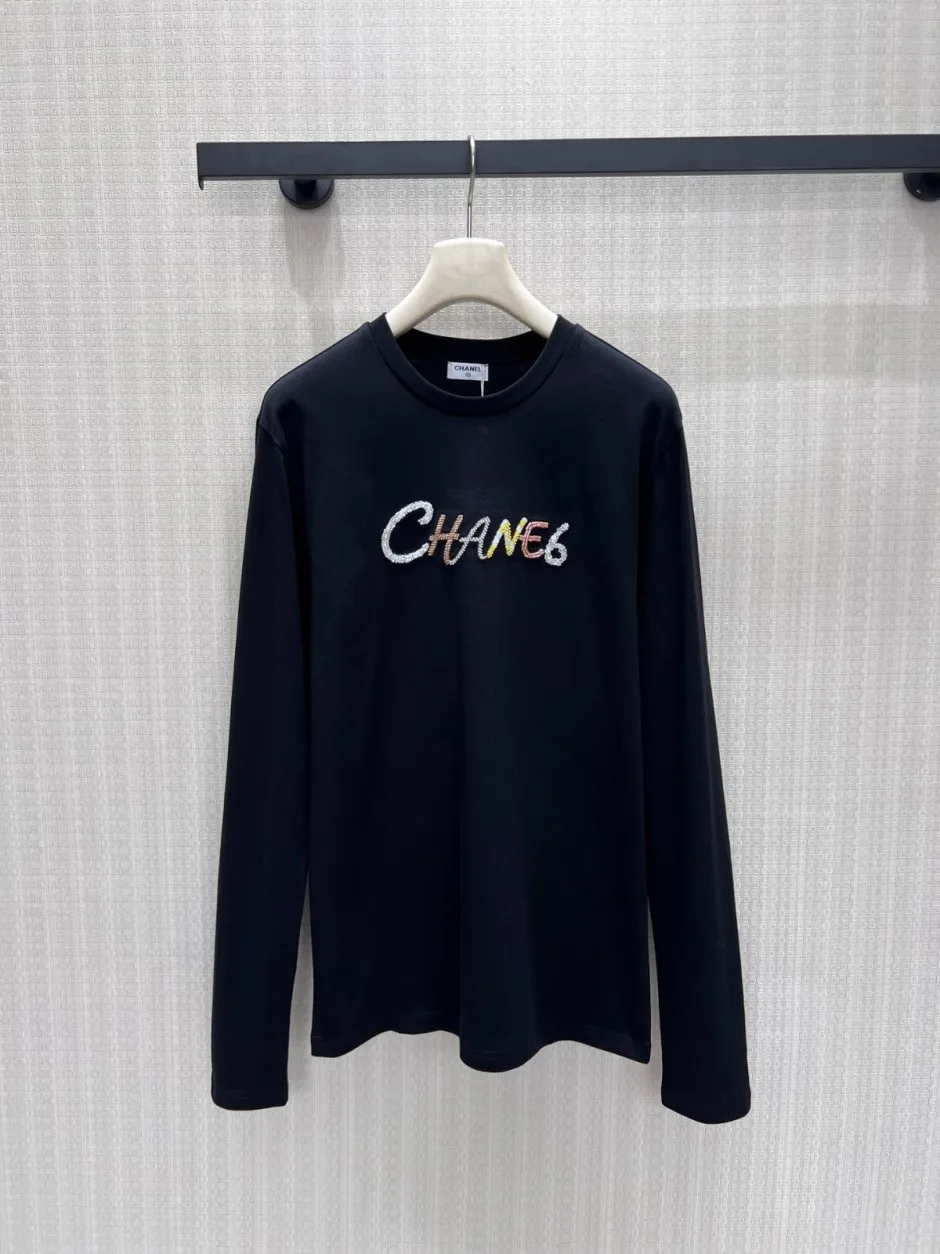 1785923961512911.jpg ベーシック 合わせやすい シャネル Tシャツ 偽物 コットン ロゴ 長袖Tシャツ ブラック