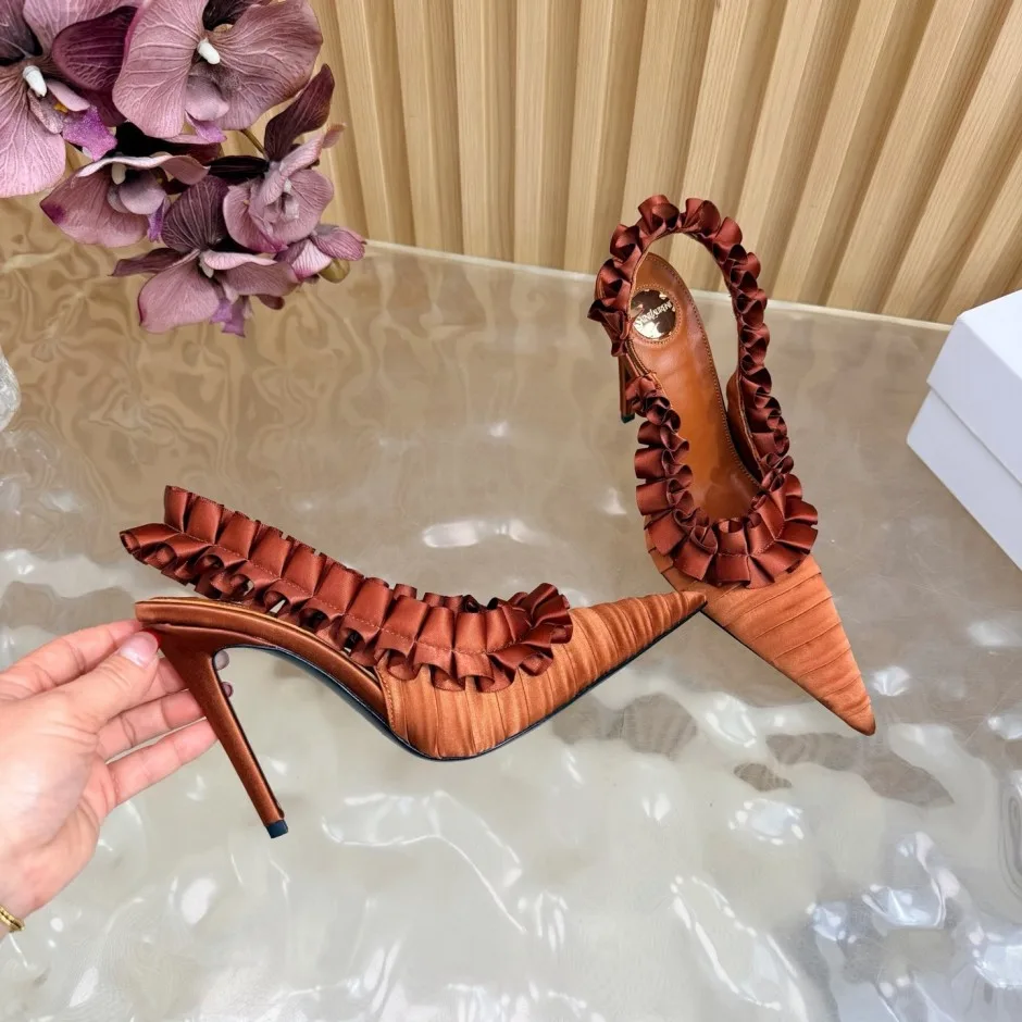 1785934616140065.jpg イヴ・サンローラン パンプス 偽物 フリル ポインテッドトゥ スリングバックパンプス ブラウン