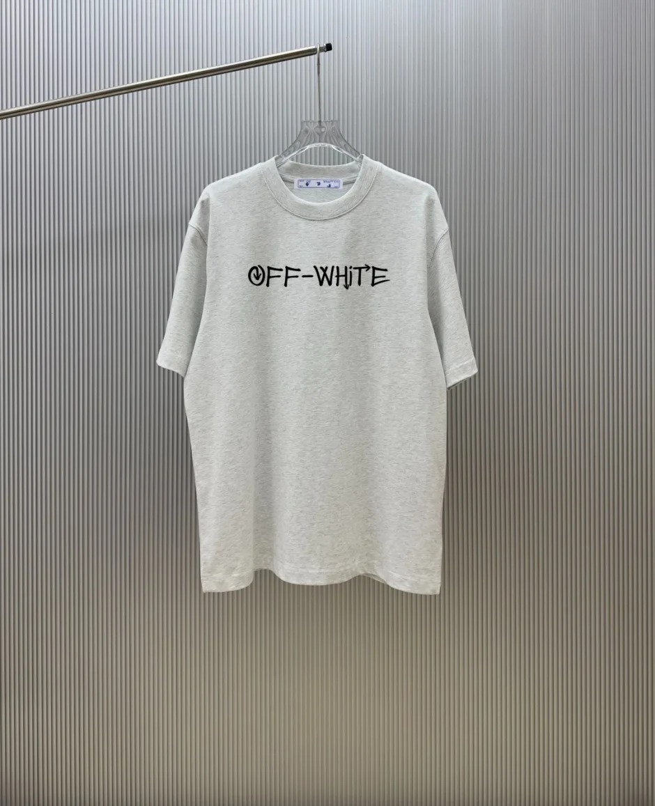 1786086258781809.jpg ユニセックス カジュアル オフホワイト Tシャツ 偽物 コットン クルーネック 半袖Tシャツ ライトグレー