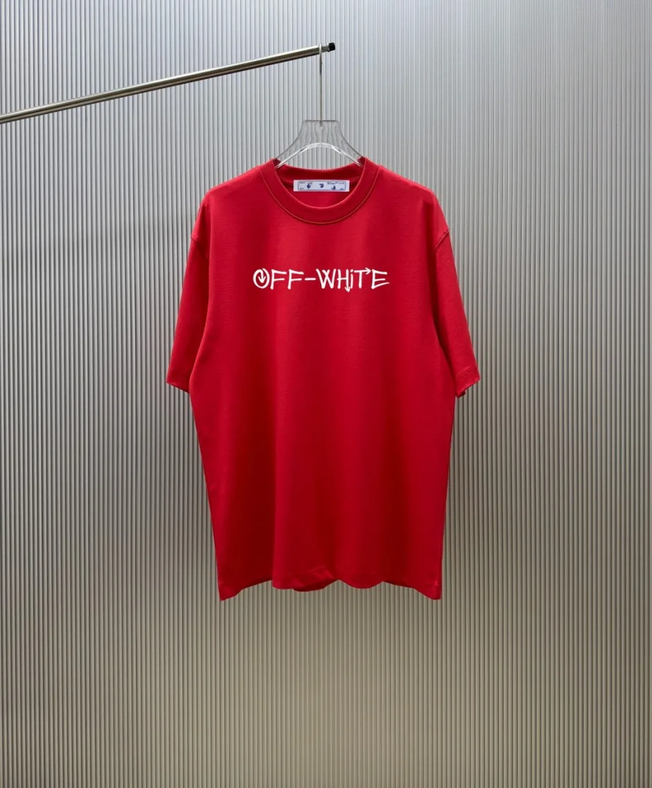 1786087630883768.jpg ユニセックス カジュアル オフホワイト Tシャツ 偽物 コットン クルーネック 半袖Tシャツ レッド