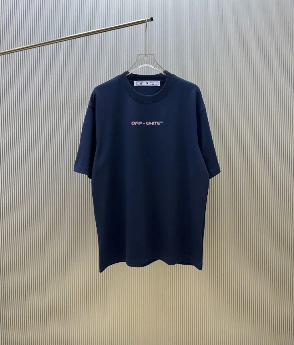 オフホワイト Tシャツ 偽物 ユニセックス ロゴプリント コットン 半袖Tシャツ ネイビー