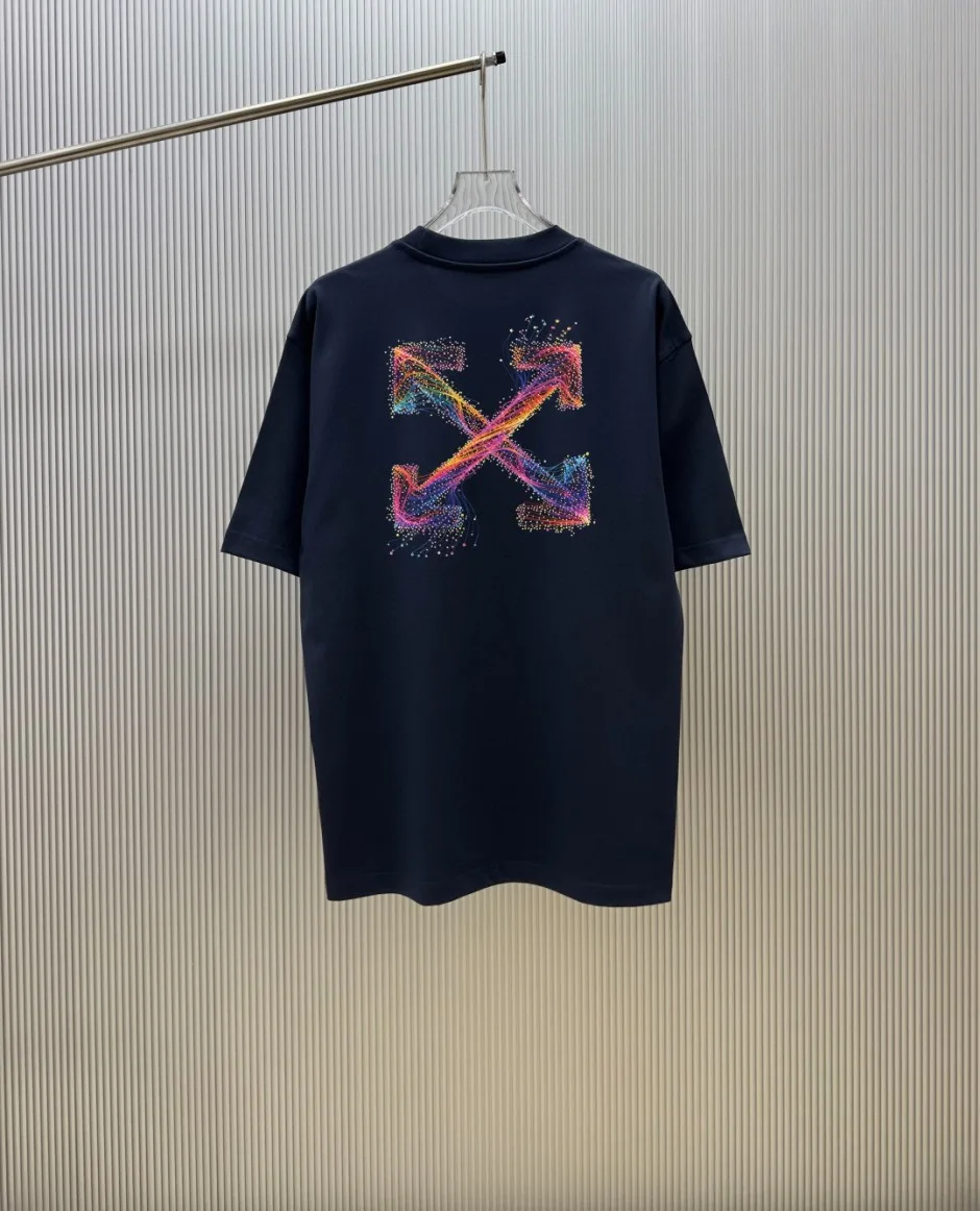 オフホワイト Tシャツ 偽物 ユニセックス ロゴプリント コットン 半袖Tシャツ ネイビー