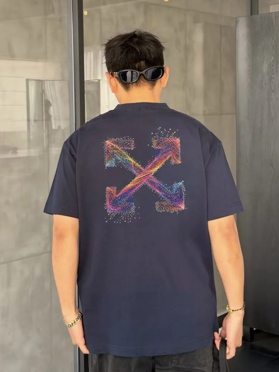 オフホワイト Tシャツ 偽物 ユニセックス ロゴプリント コットン 半袖Tシャツ ネイビー