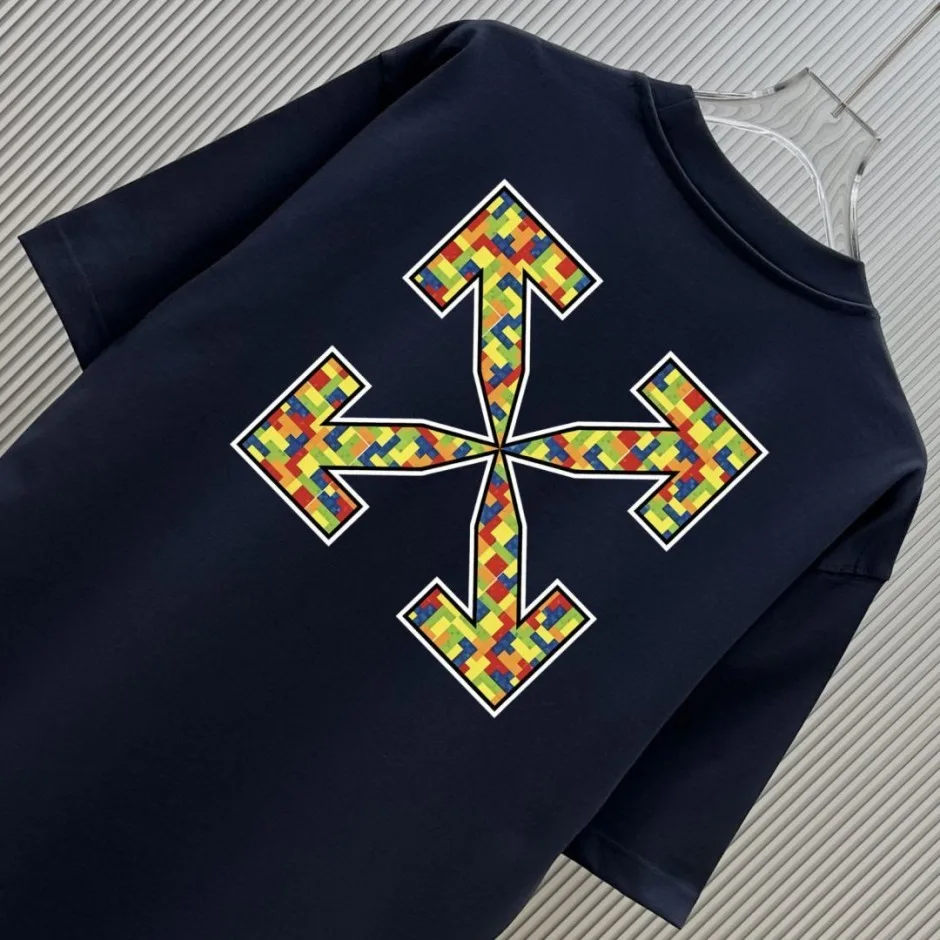 オフホワイト Tシャツ 偽物 カジュアル ストリート バックプリント 半袖Tシャツ ネイビー