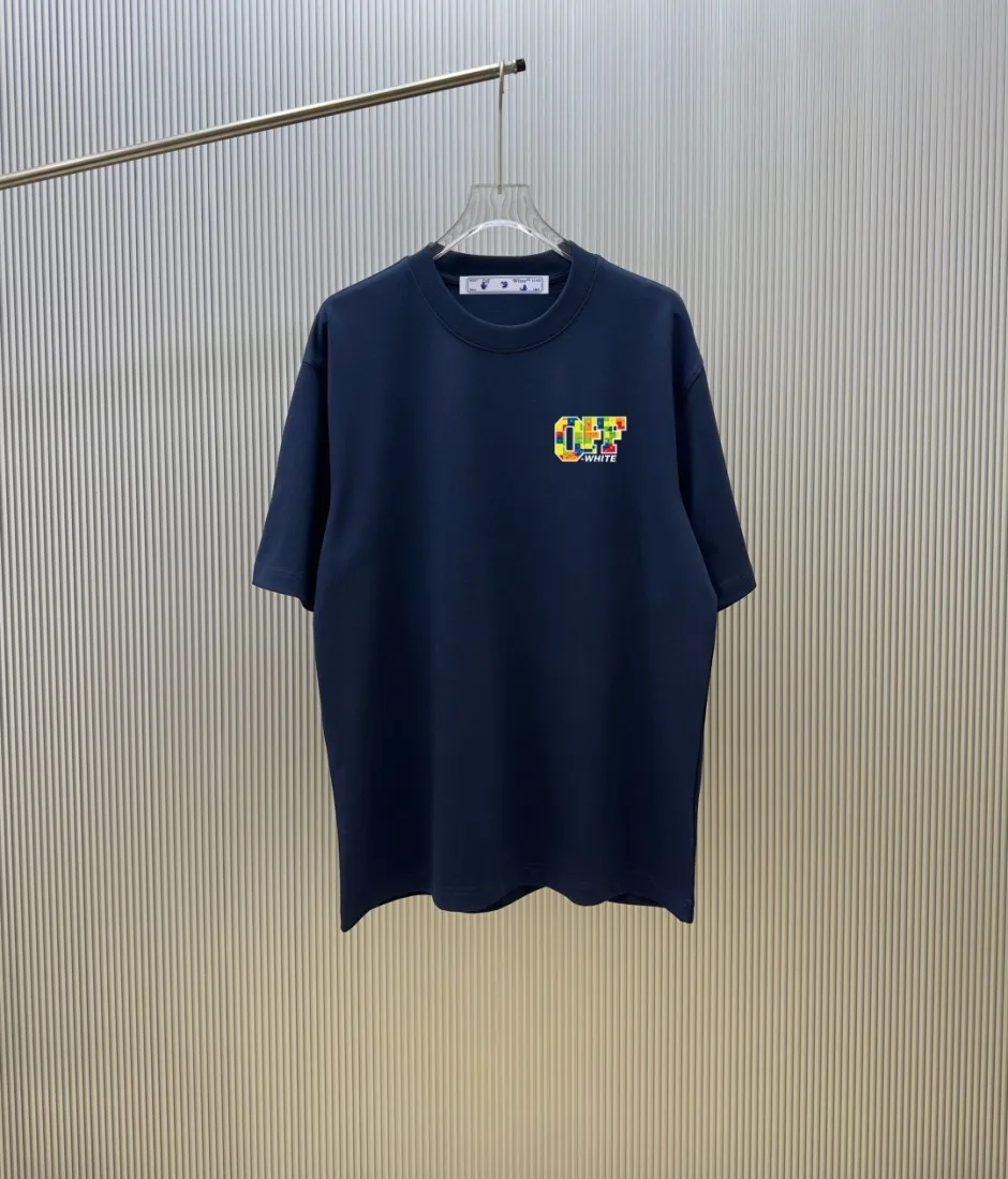 オフホワイト Tシャツ 偽物 カジュアル ストリート バックプリント 半袖Tシャツ ネイビー