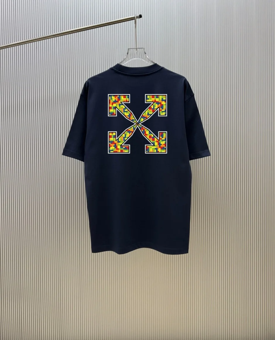 オフホワイト Tシャツ 偽物 カジュアル ストリート バックプリント 半袖Tシャツ ネイビー