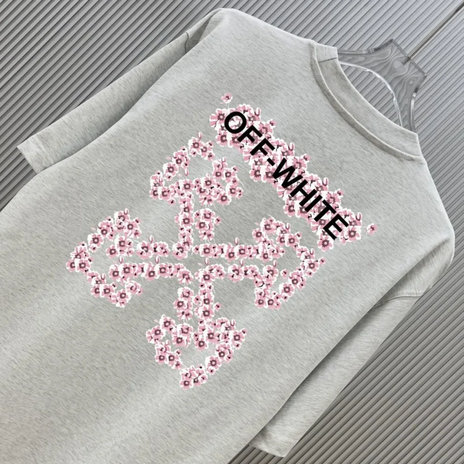 フラワーモチーフグラフィック クルーネック半袖Tシャツ オフホワイト Tシャツ 偽物 ライトグレー
