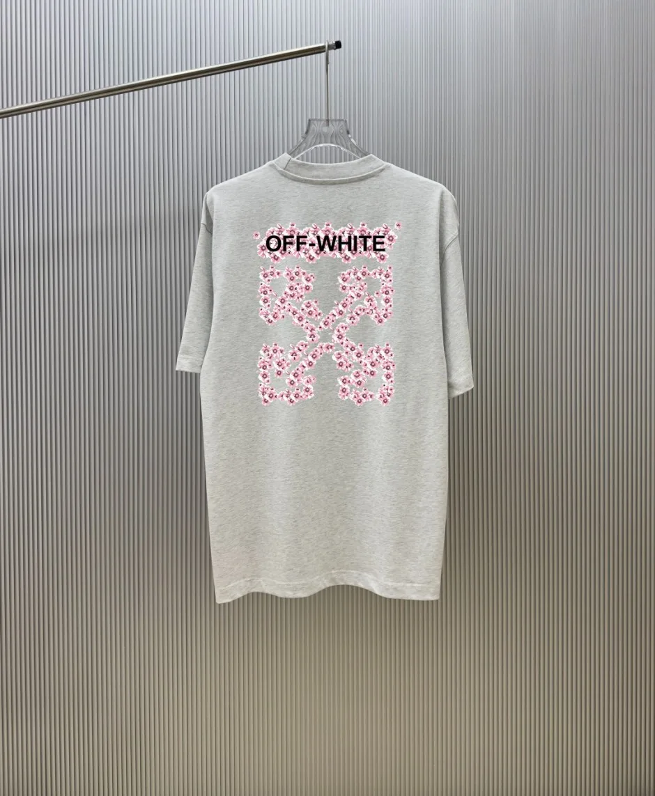 フラワーモチーフグラフィック クルーネック半袖Tシャツ オフホワイト Tシャツ 偽物 ライトグレー