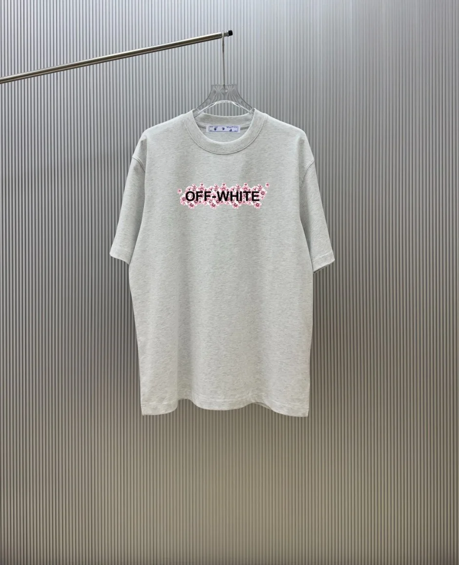 フラワーモチーフグラフィック クルーネック半袖Tシャツ オフホワイト Tシャツ 偽物 ライトグレー