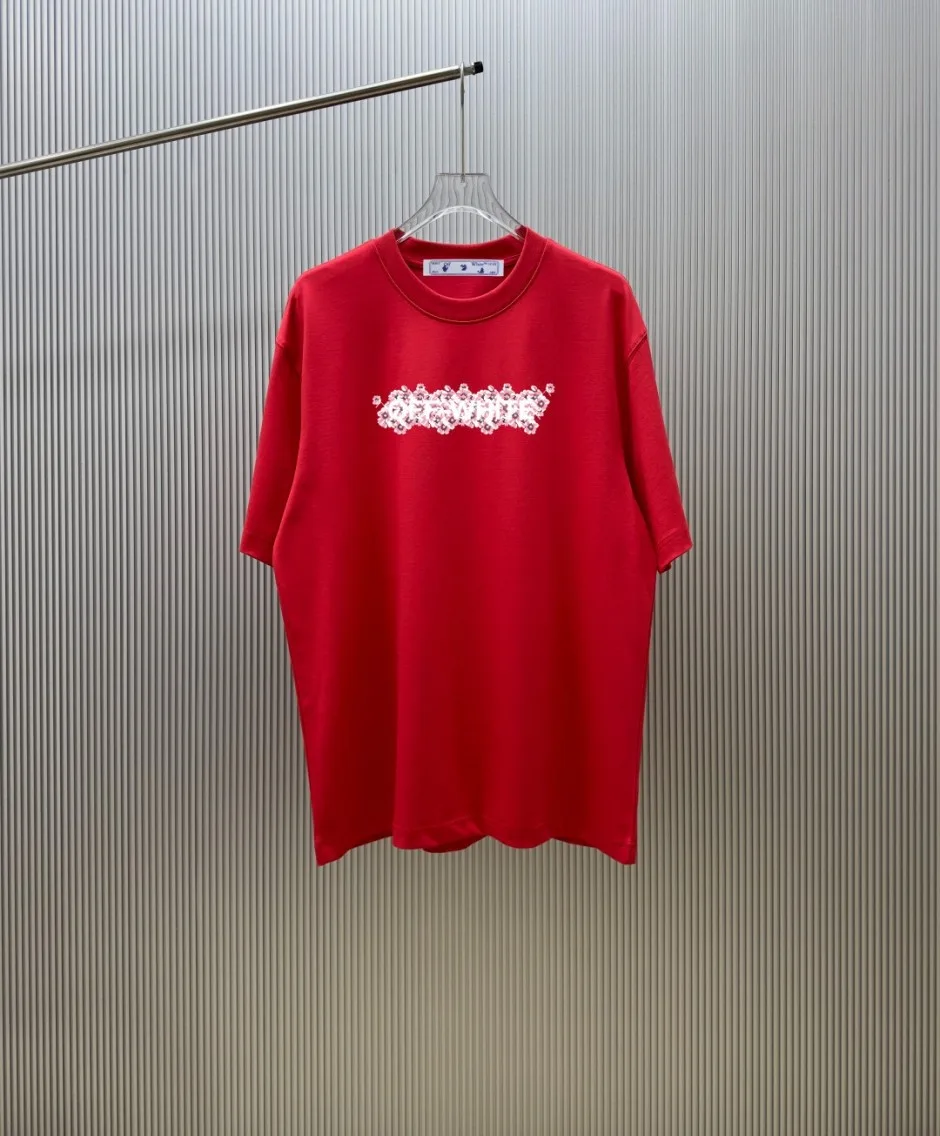 1786092751267585.jpg フラワーモチーフグラフィック クルーネック半袖Tシャツ オフホワイト Tシャツ 偽物 レッド