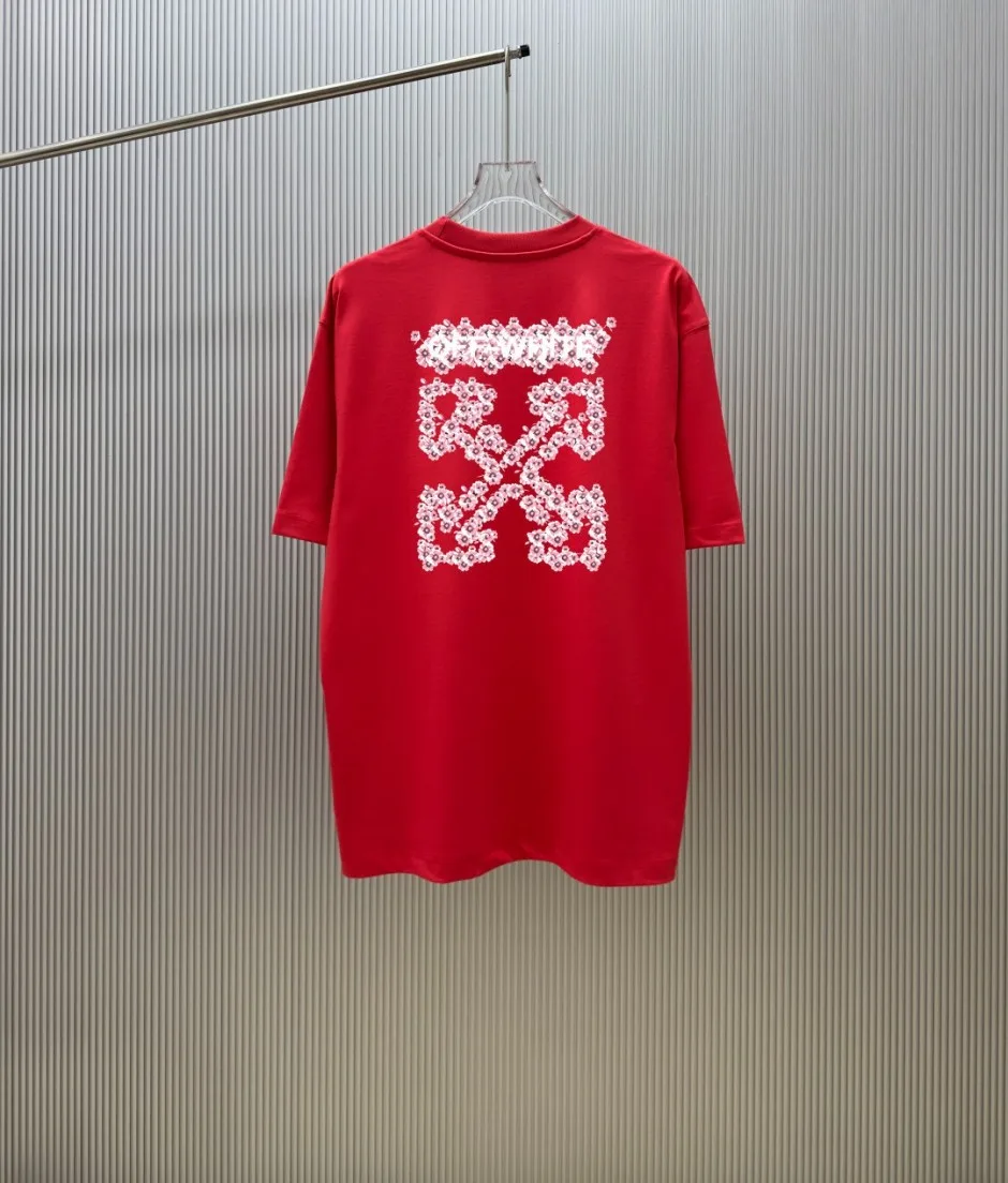 1786092751965213.jpg フラワーモチーフグラフィック クルーネック半袖Tシャツ オフホワイト Tシャツ 偽物 レッド