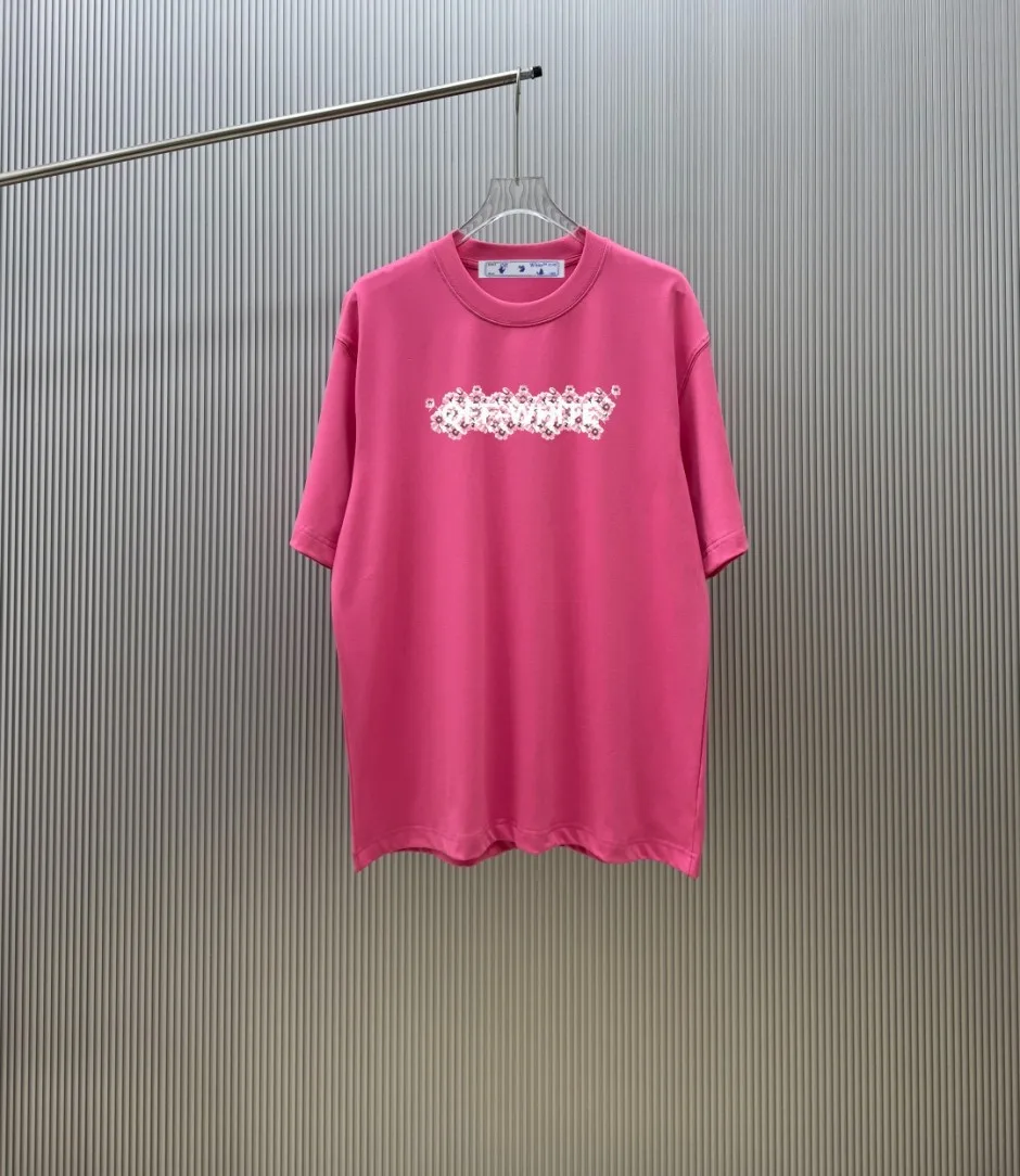 1786092878597704.jpg オフホワイト Tシャツ 偽物 フラワーモチーフグラフィック クルーネック半袖Tシャツ ピンク