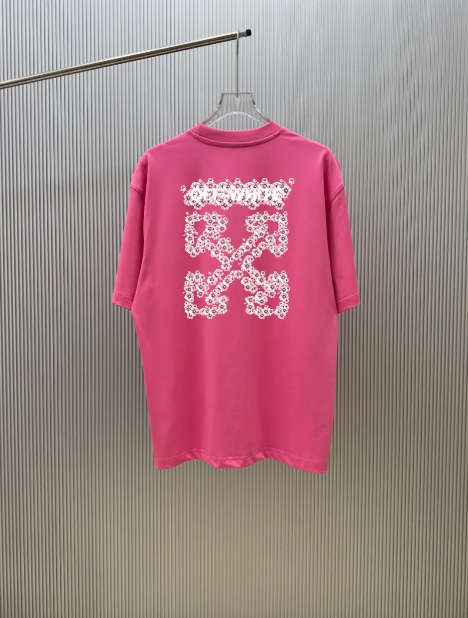1786092880766439.jpg オフホワイト Tシャツ 偽物 フラワーモチーフグラフィック クルーネック半袖Tシャツ ピンク