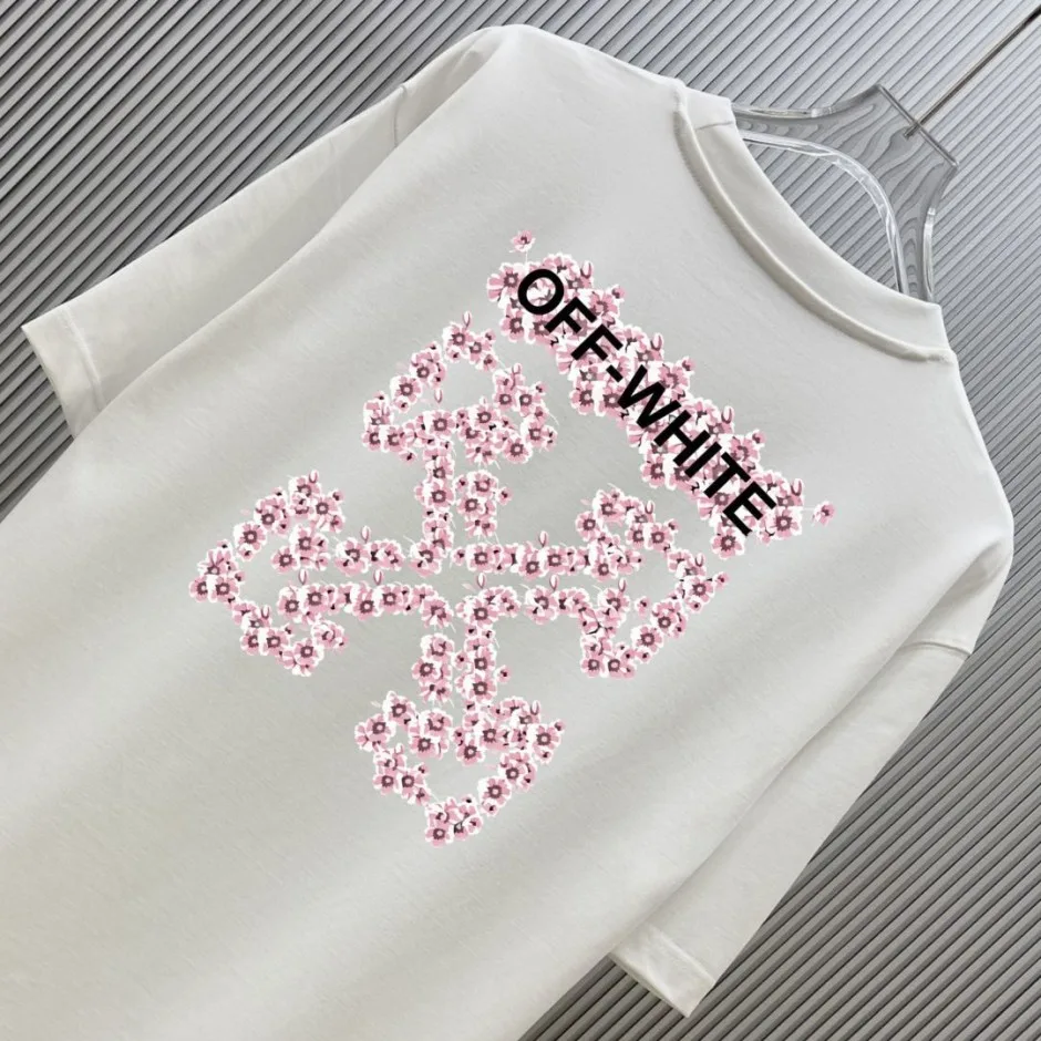 オフホワイト Tシャツ 偽物 フラワーモチーフグラフィック クルーネック半袖Tシャツ ホワイト
