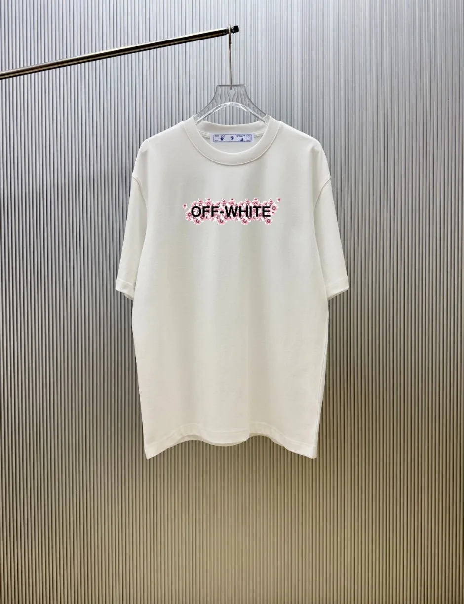 オフホワイト Tシャツ 偽物 フラワーモチーフグラフィック クルーネック半袖Tシャツ ホワイト