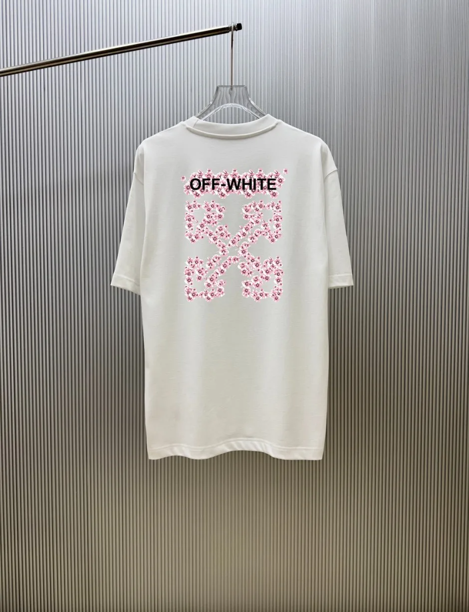 オフホワイト Tシャツ 偽物 フラワーモチーフグラフィック クルーネック半袖Tシャツ ホワイト