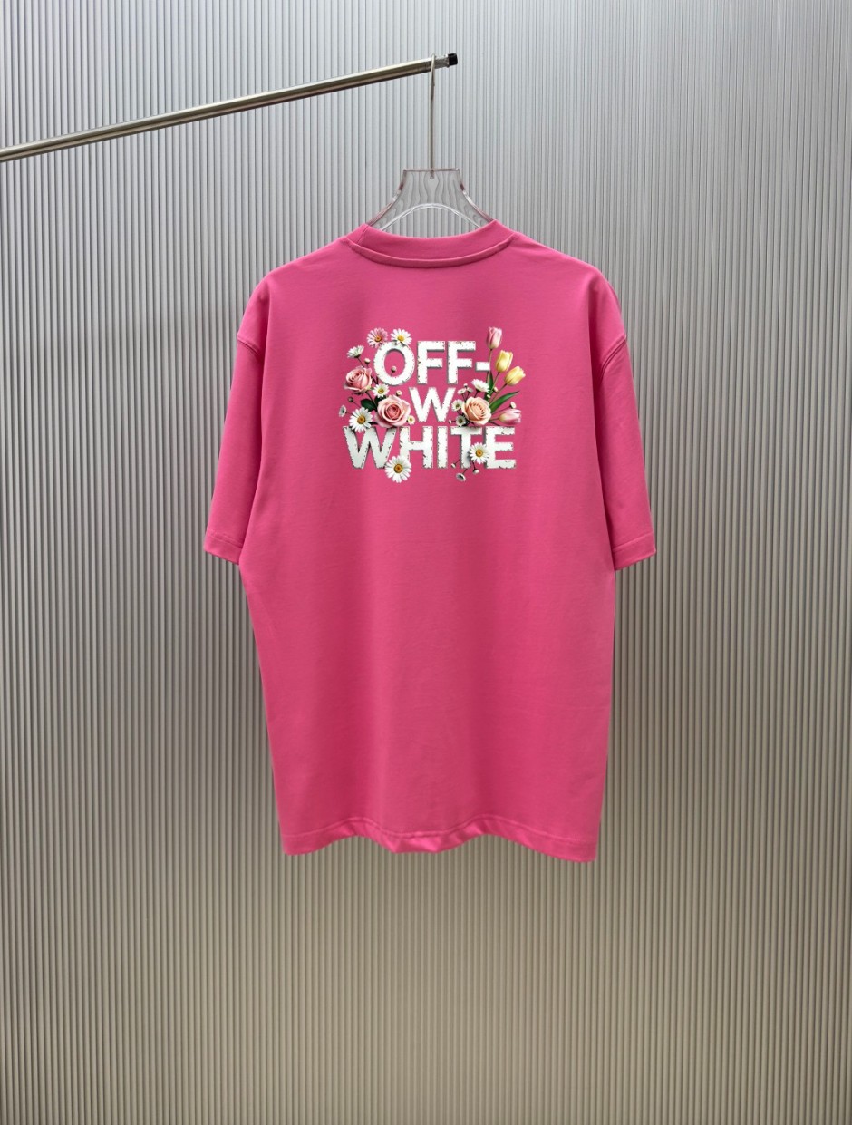 オフホワイト Tシャツ 偽物 カジュアル 半袖Tシャツ おしゃれ プリント ピンク