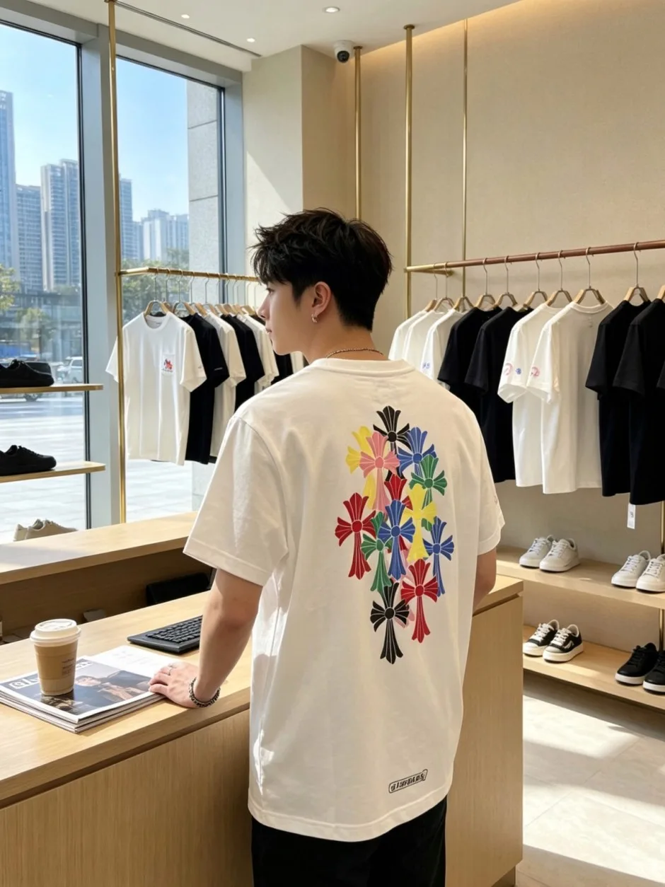 1786255749315115.jpg マルチカラー クロスモチーフ クロムハーツ Tシャツ 偽物 クルーネック 半袖Tシャツ