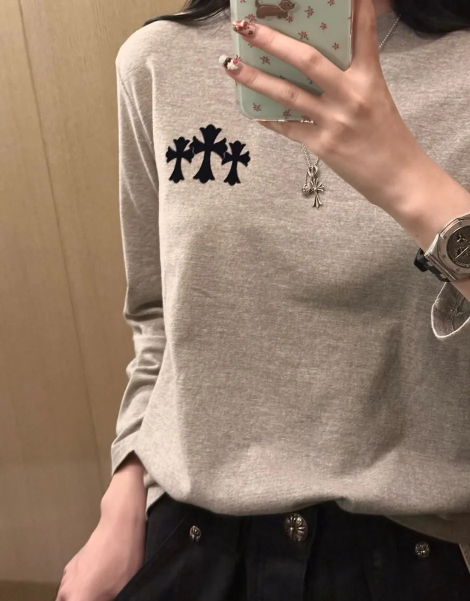 ユニセックス 人気 カジュアル クロムハーツ Tシャツ 偽物 クロスモチーフ 長袖Tシャツ